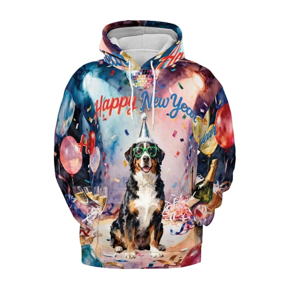 Happy New Year Bernese Mountain Dog Chills on Year-End Party All Over Print 3D Hoodie Unisex Merch Hoodies Berner Lover Gifts - 12023