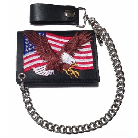 NorthStar - Embroidered Flying Eagle / US Flag Leather Trifold Chain Wallet USA Made - www.ermes-unice.fr