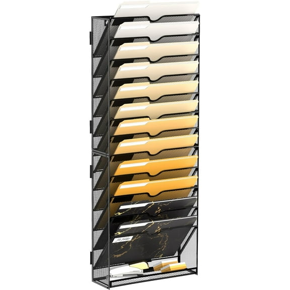 INTIGE 13-Tier Wall Metal File Organizer, Hanging Paper Organization, Black, Screw Mount