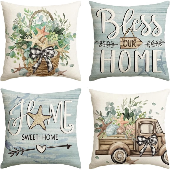 Bless Our Home Eucalyptus Leaves Starfish Throw Pillow Covers, 18 x 18 Inch Seasonal Spring Summer Truck Home Sweet Home Cushion Case Decorations Set of 4