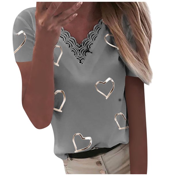 Gibobby Camisa Vaquera Impresión T Camisa V Manga de cuello Pullover Blouse Short Women Lace Patchwork Hearts Women's Blouse(Gris, XL)