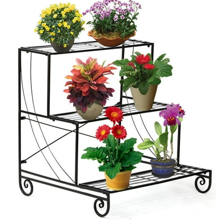 Topeakmart Garden Decorative Planter Holder Flower Pot Shelf Rack 3 Tier Metal Plant Stand Black 
