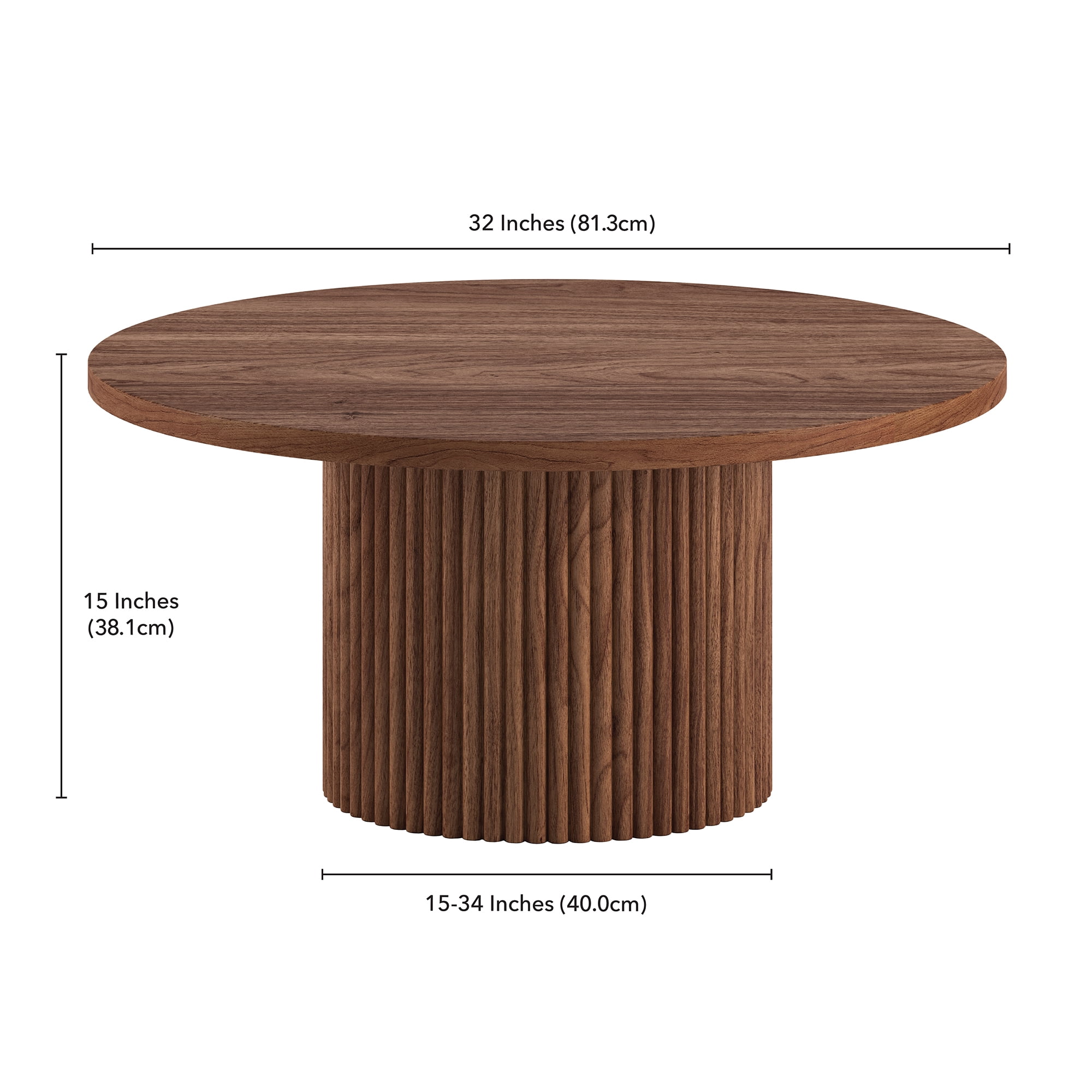 Rollan 32" Wide Round Fluted Coffee Table in Satin Walnut
