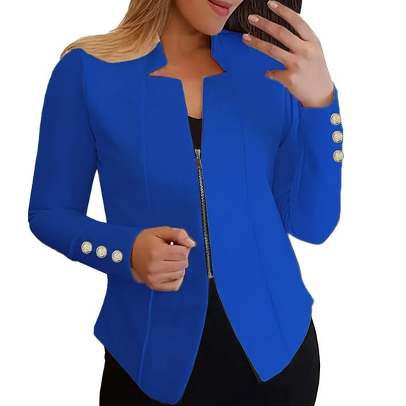 Xuemjiao Women Blazer Women's Autumn Solid Color Zippered Cuffs Button Suit Jacket Suits for Women Chaquetas De Mujer Elegantes (Blue,XL)