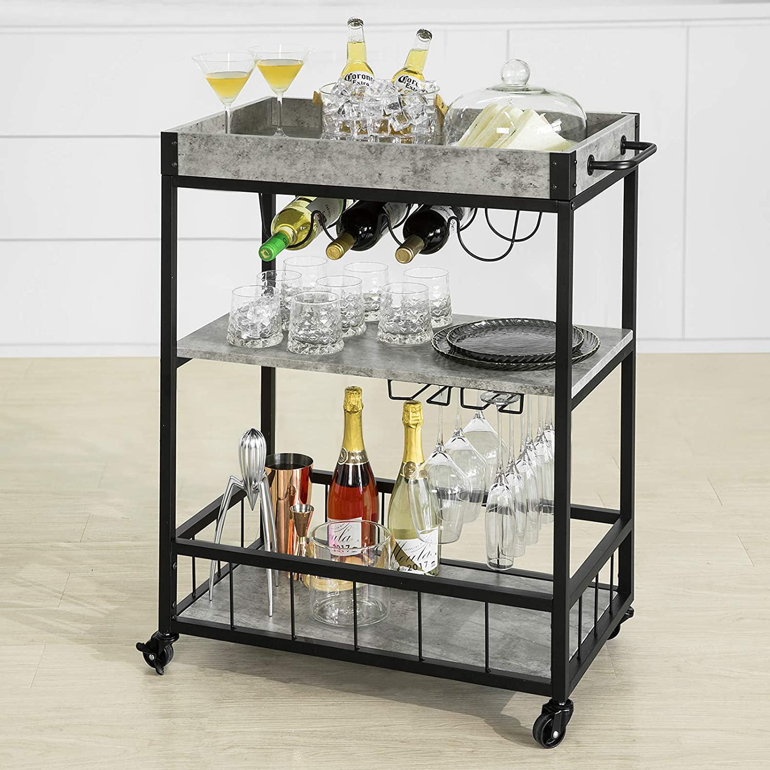 SoBuy FKW56HG,3 Tiers Kitchen Trolley Serving Trolley with Wine Rack