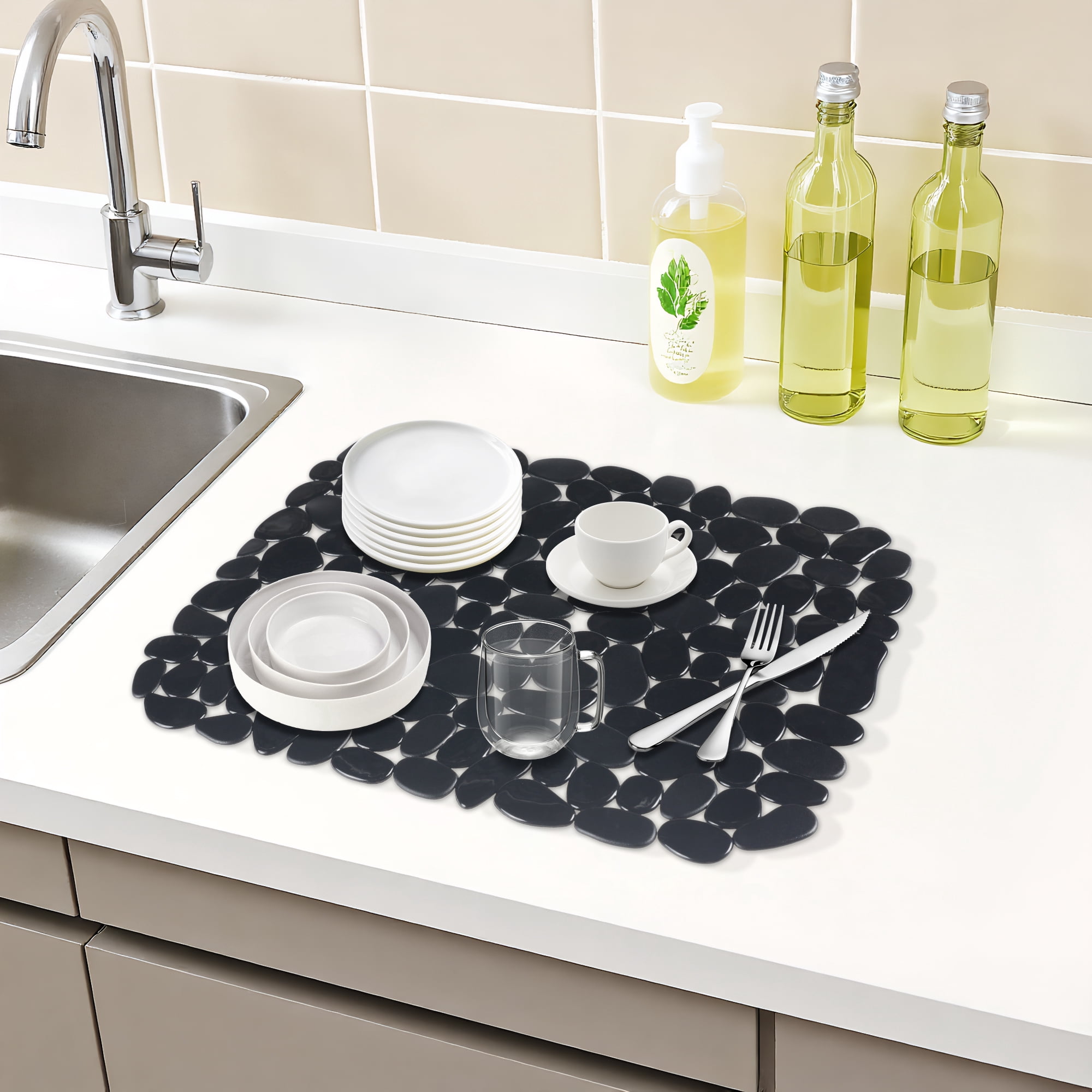 Unique Bargains Pebble Sink Mat for Stainless Steel Sinks Black