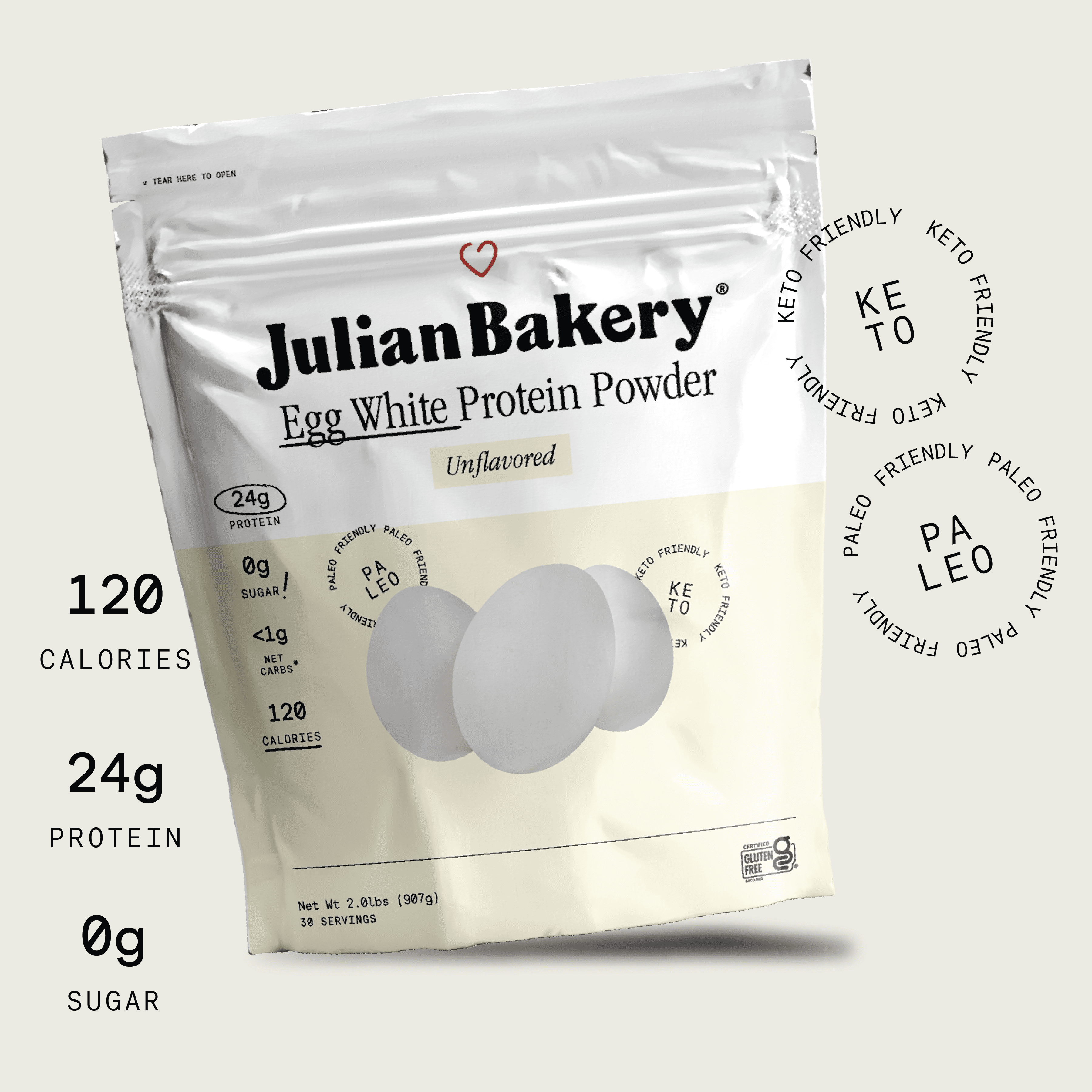 Egg White Protein Powder - Unflavored | 2.0 lbs (907 g) | Julian Bakery | 24g of Protein | Paleo & Keto Friendly | Sugar Free
