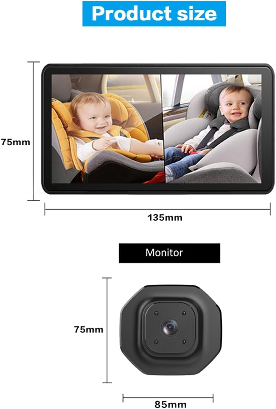 Baby Car Camera Monitor,5-Inch Display,Two Infrared Night Vision Cameras,360-Degree Adjustable,Split-Screen Display