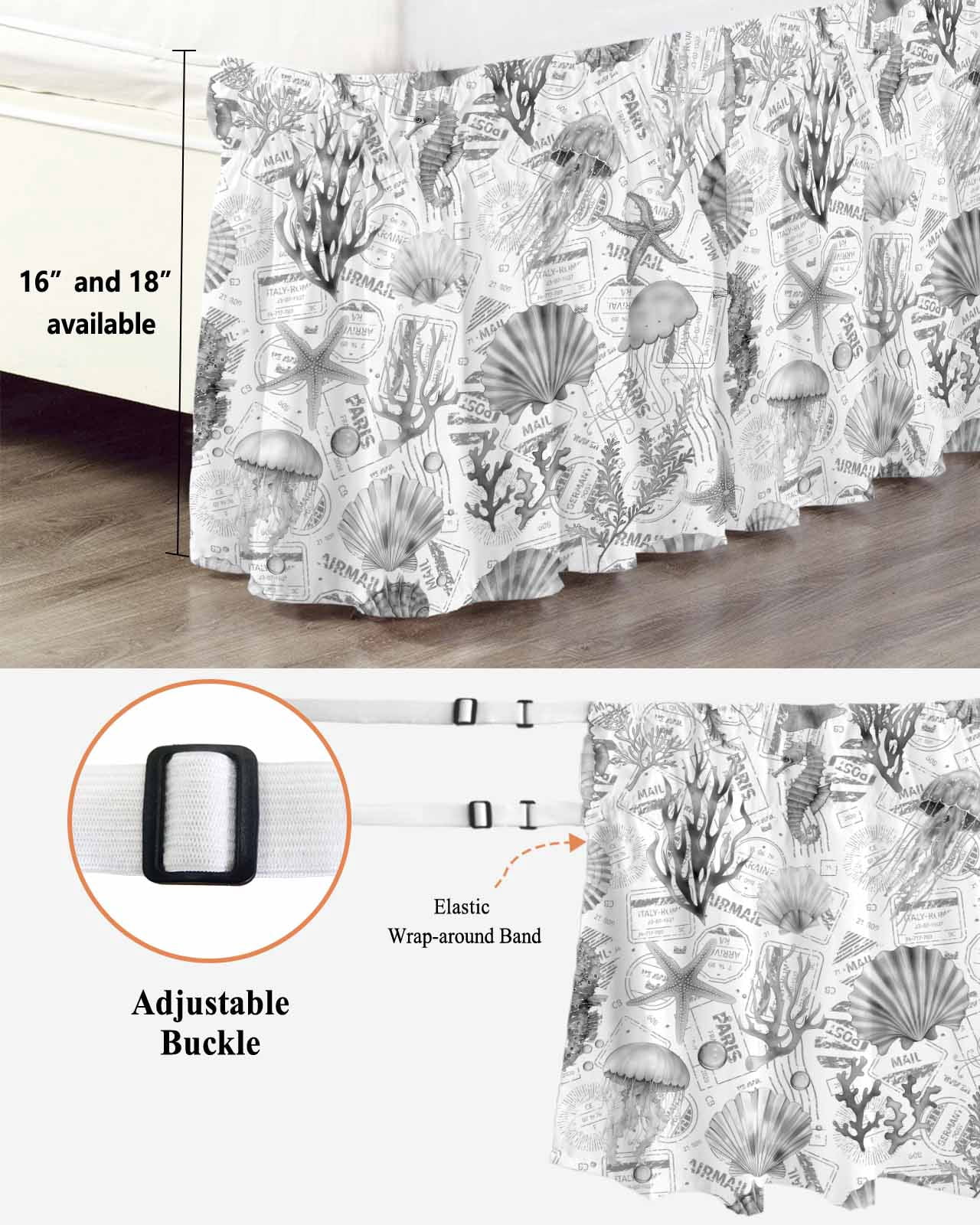 Grey Coastal Wrap Around Bed Skirts for Queen Bed 16" Drop,Bed Skirt with Adjustable Elastic Belt Dust Ruffle Bed Valance for Bedroom Hotel Summer Coral Shell Sea Beach Nautical Bed Frame Cover