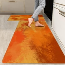 2 Pieces Kitchen Rugs, Abstract Anti Fatigue Non Slip Foam Cushioned Orange Yellow Modern Dappled Comfort Indoor Floor Mat Runner Rug Set for Laundry Office Sink Bathroom (17"x48" 17"x24")