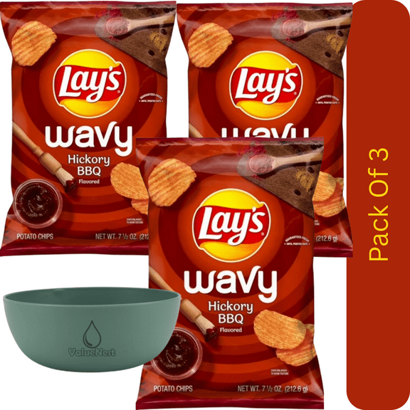 Lay’s Wavy Hickory BBQ Potato Chips – 7.5 oz Bag, Crunchy Sweet & Smoky Snack With Olive Green Bowl By ValueNest