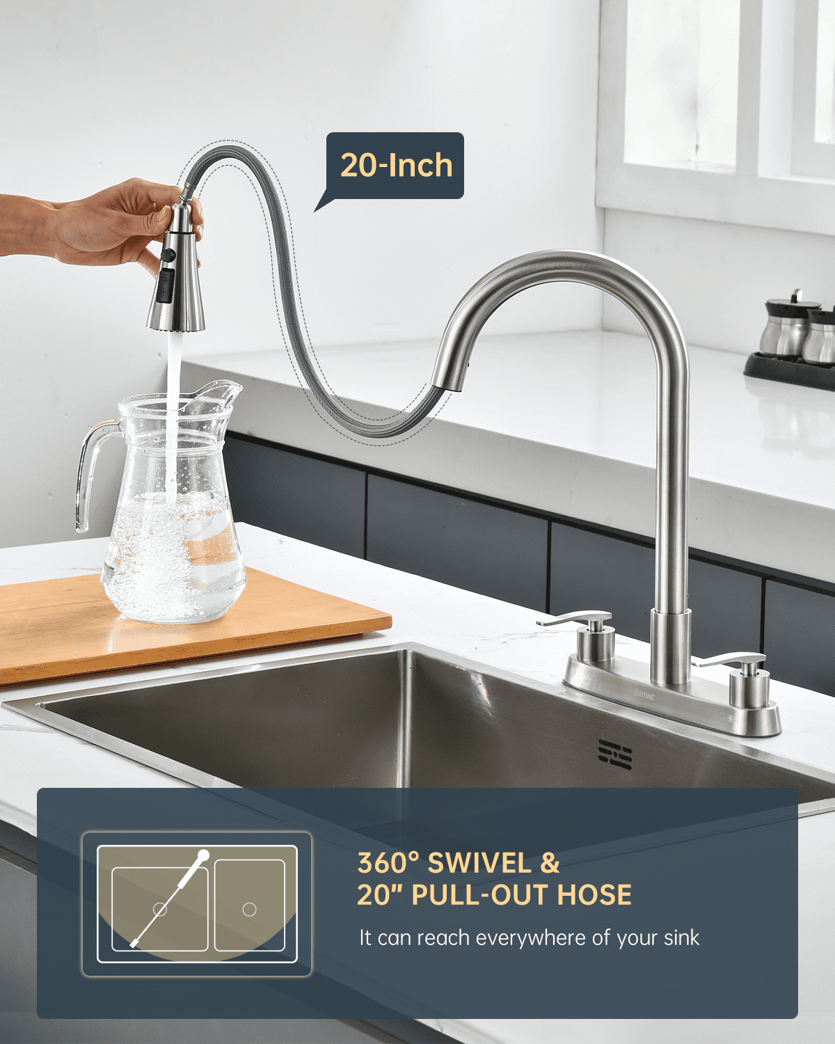 DAYONE 2 Handle Kitchen Faucet with Pull Down Sprayer, 4 Holes Sink Faucets for Kitchen/RV with Soap Dispenser Stainless Steel, Brushed Nickel