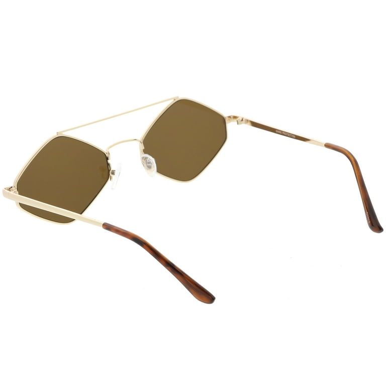 Diamond Shape Sunglasses Metal Crossbar Neutral Colored Flat Lens 55mm  (Gold / Brown) 