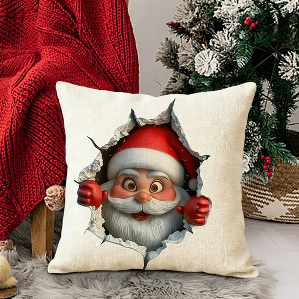 Funda de cojín de lino con estampado navideño | Funda de cojín cuadrada para sofá | Funda de cojín decorativa para sala de estar y cafetería