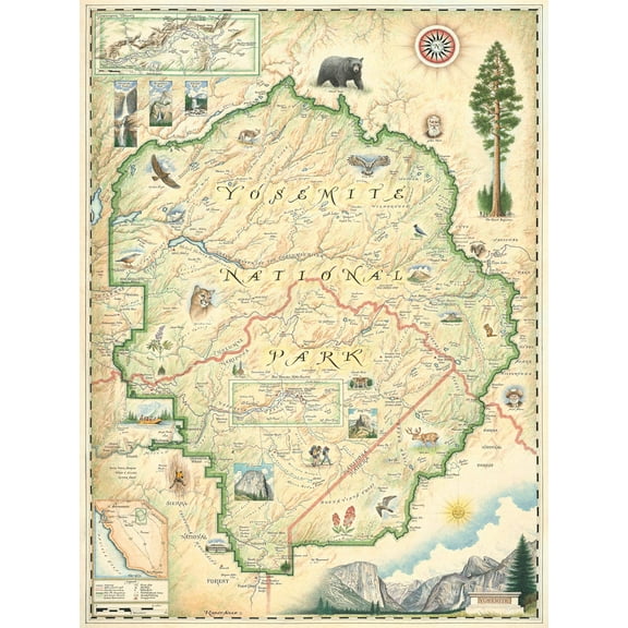 Yosemite National Park Hand-Drawn Map Poster - Authentic 18x24 Inch Vintage-Style Wall Art - Lithographic Print with Soy-Based Inks - All-Ages - Made In USA