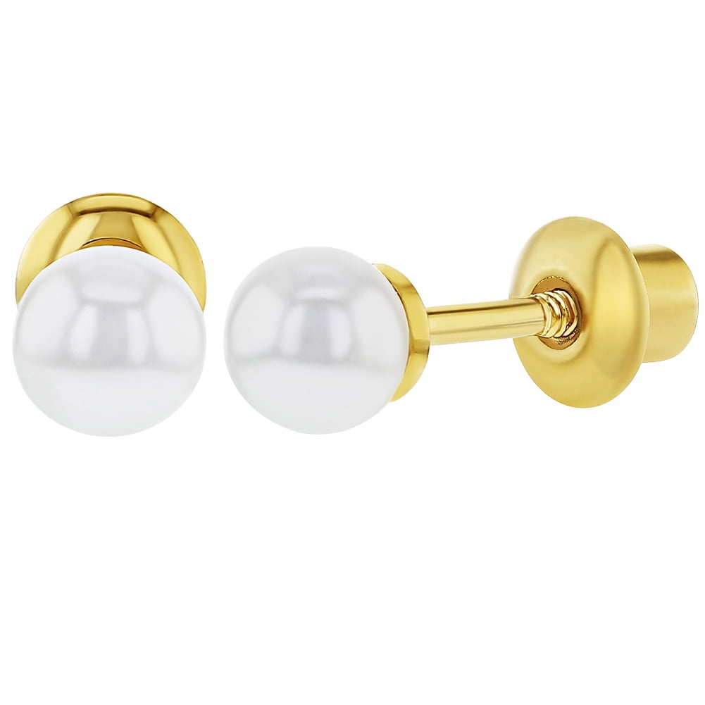 18k Gold Plated White Simulated Pearl Back Earrings Toddlers 18k Gold Plated White Simulated Pearl Back Earrings Toddlers Kids 5mm