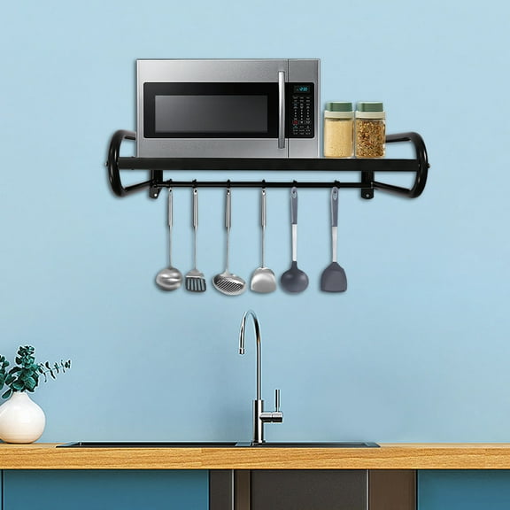 21 Inch Microwave Shelf Wall Mount with 6 Hooks, Carbon Steel Wall Shelf Metal Shelving Heavy Duty Commercial or Household Grade Wall Mount Microwave Oven Shelf Oven Bracket with Fixing Kit