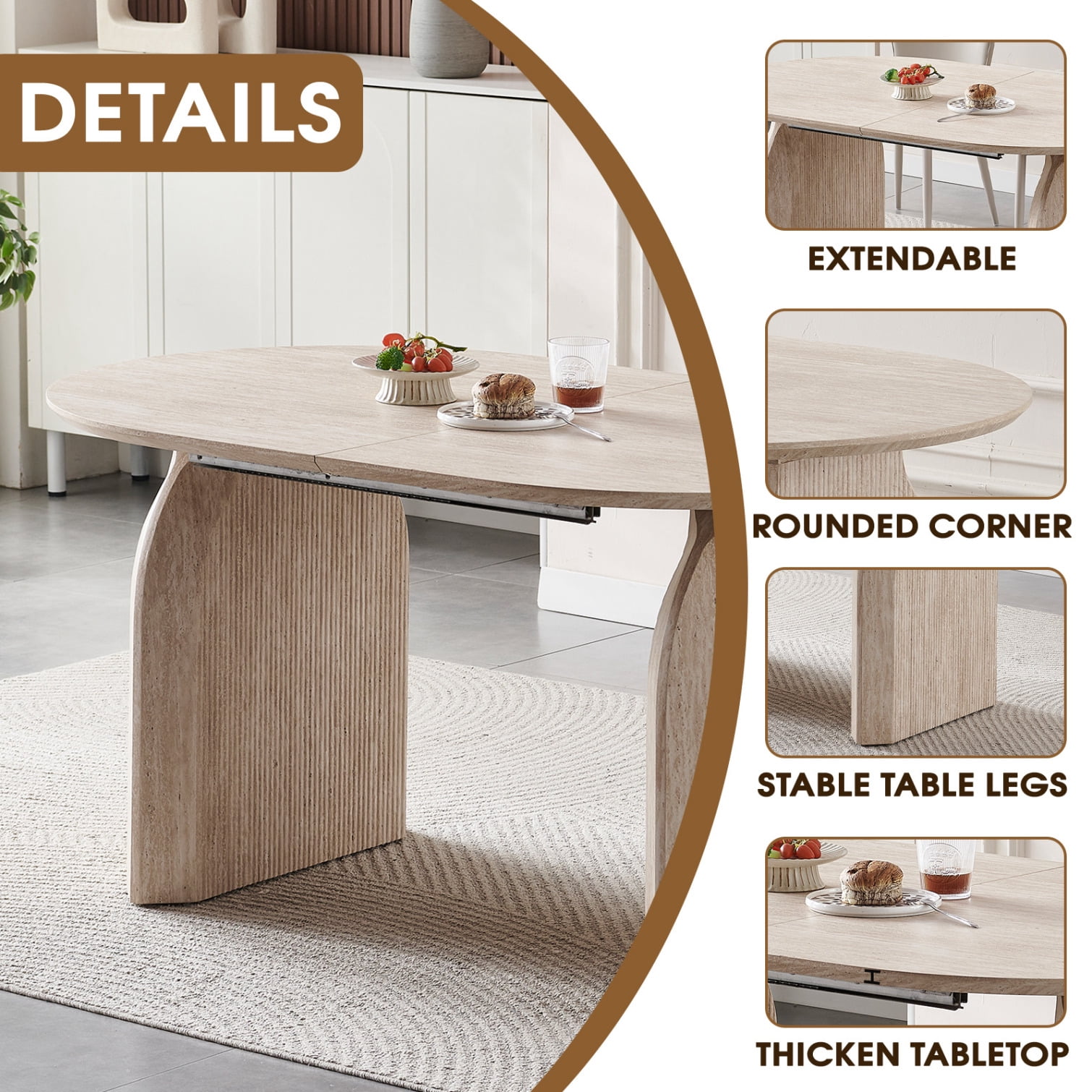 59"-90" Extendable Dining Table for 4-8 People, Modern Oval Kitchen Table with Dual Pillar Design, Space Saving Extendable Meeting Table for Small Spaces, Natural