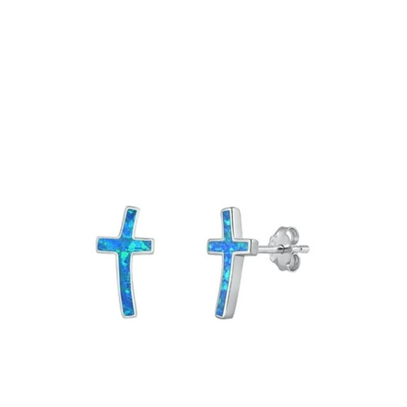 Sterling Silver Blue Simulated Opal Cross Stud Christian Love Earrings .925 Jewelry Female Unisex