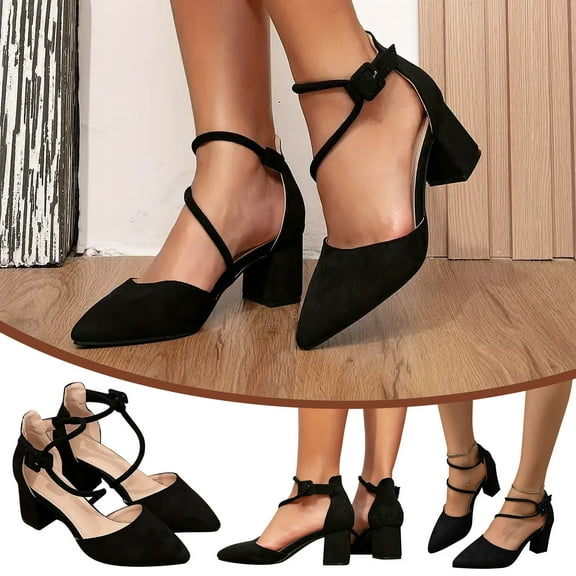 Jacenvly 2024 New High Heeled Thick Heeled Pointed Suede Single Shoe Mutual Strap Roman Women's Shoes Black Sandals for Women