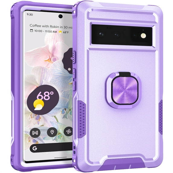 SaniMore for Google Pixel 7 Pro Multi-Functional Case, 3-Layer Protection Magnetic Cover Support Car Mount & 360° Rotatable Metal Ring Kickstand Full Body Shockproof Protective Shell, Purple