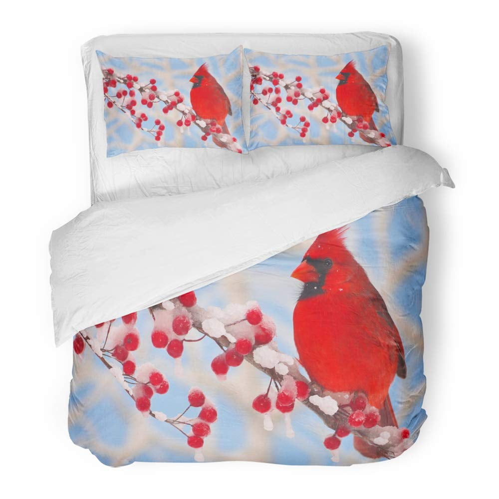FMSHPON 3 Piece Bedding Set Male Northern Cardinal Cardinalis on Snowy