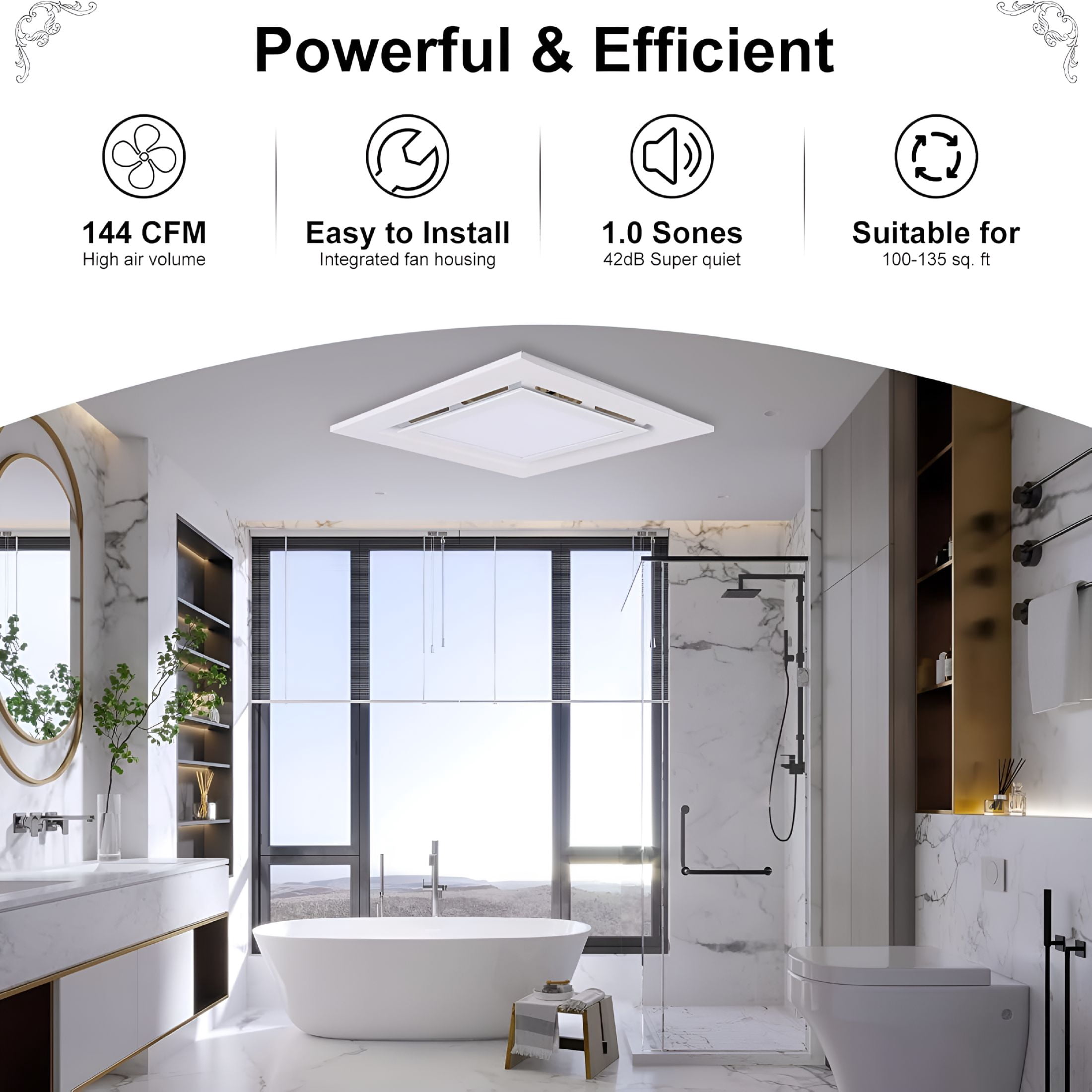 HIBIBUD Bathroom Exhaust Fan with Light,144 CFM 1.0 Sones Double Switch Ultra Quiet Bathroom Vent Fan Square White for Home Bath Office Hotel LED 15w,Fan 35w 110V