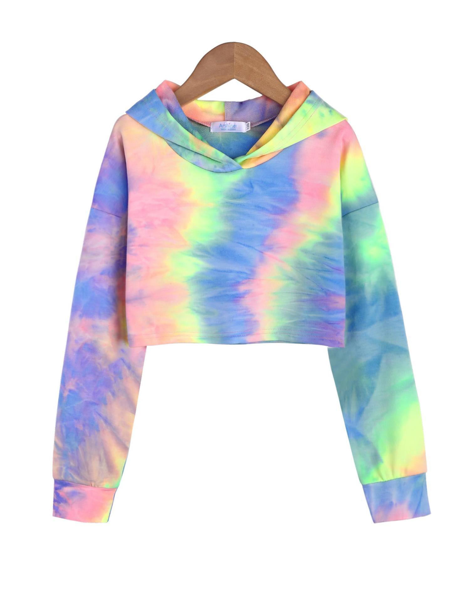 Arshiner Girls Crop Tops Tie-Dye Hoodies Kids Long Sleeve Pullover Sweatshirts 