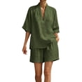 thumbnail image 6 of Cagogo Women Plus Size 2 Piece Set V Neck 3/4 Sleeve Shirt Shorts Casual Solid Loose Travel Outfits Lounge Tracksuits Summer Cruise Clothes Matching Lounge Sets, Green XL, 6 of 8