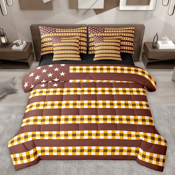 Homewish Geometric Plaid Stripes Twin Bedding Sets 7-Piece for Female Men Adults,Abstract American Flag Bedding Comforter Set Microfiber,Minimalist Mid Century Breathable Sheet Sets