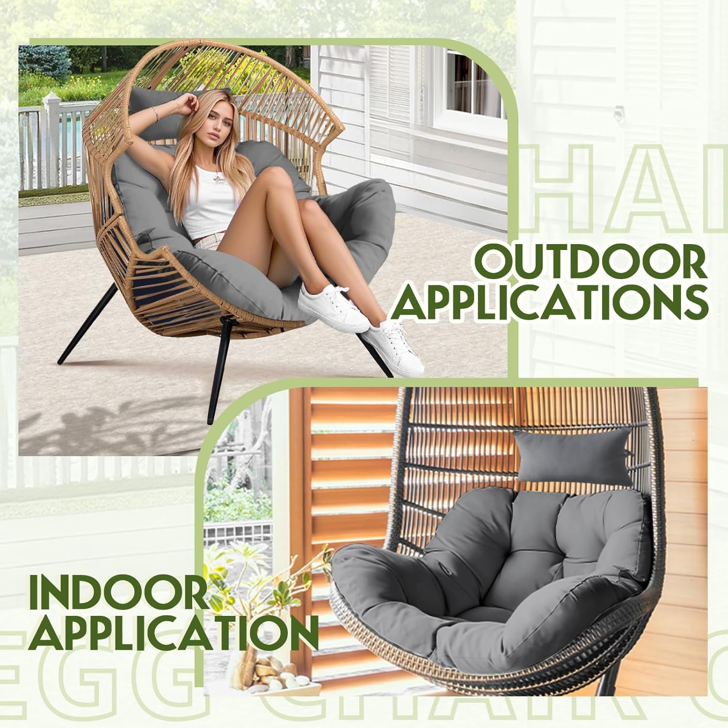Outdoor Egg Chair Cushion, Waterproof Hanging Chair Cushion with Headrest Pillow, Egg Chair Replacement Cushion for Patio Furniture, U-Shaped Eggs Swing Cushion for Basket Chairs, Gray