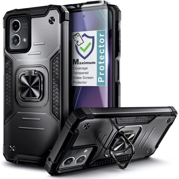 Nagebee Phone Case Compatible for Motorola Moto G Stylus 5G (2023) with Tempered Glass Screen Protector, Full-Body Protective [Military-Grade], Magnetic Car Mount Ring Holder, Heavy-Duty (Black)