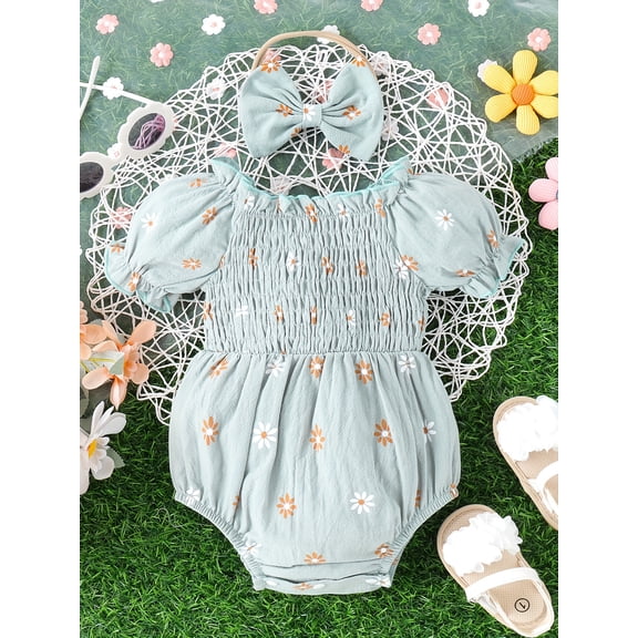Zehjuhan Baby's Flower All-over Print Shirred Bodysuit With Headband, Lovely Puff Sleeve Triangle Onesie, Toddler & Infant Girl's Clothing