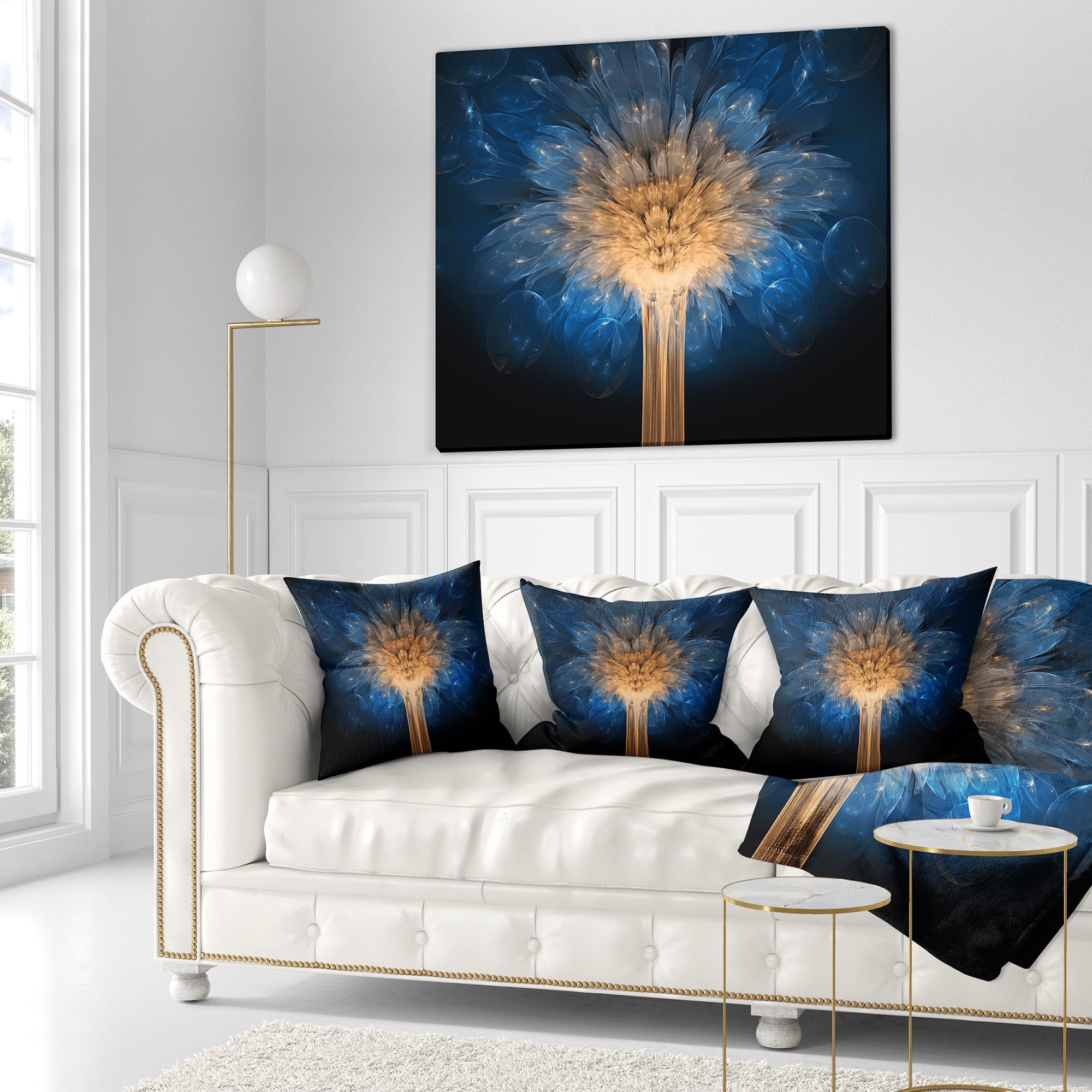 Designart Fractal 3D Blue Dragon Flower - Contemporary Throw Pillow - 18x18