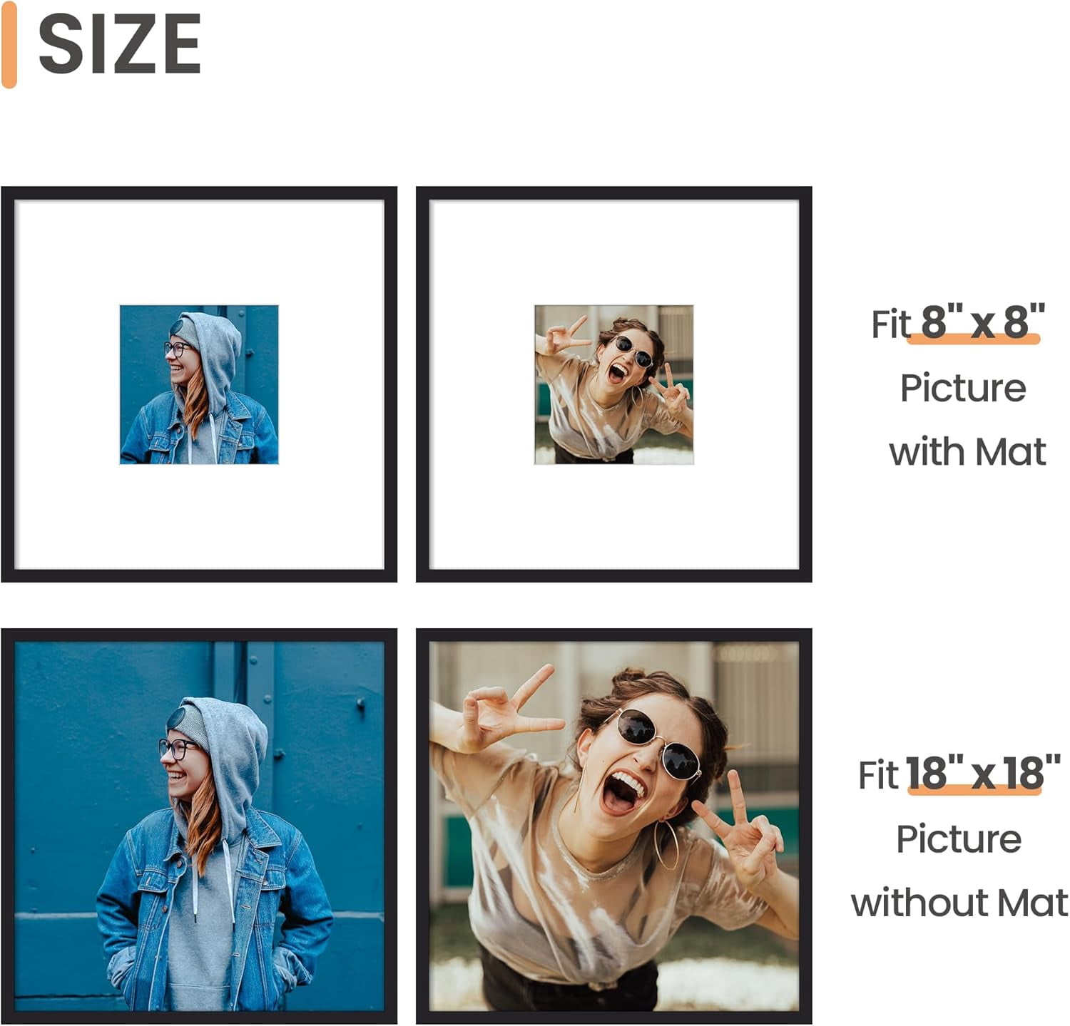 HearthHarmony 18x18 Picture Frame, Display Pictures 8x8 with Mat or 18 x 18 Without, Wall Hanging Square Frames, Black, 1 Pack