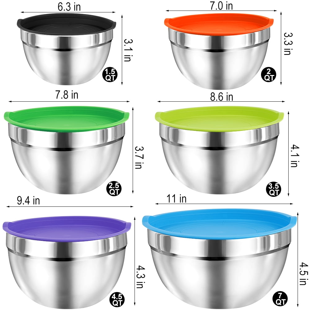Mixing Bowls with Lids Set, 23 Pcs Kitchen Utensils Stainless Steel Nesting Bowls, Measuring Cups Spoons, 12 Reusable Silicone Stretch Lids Non-Slip Mat Egg Whisk for Baking Cooking by Kosbon