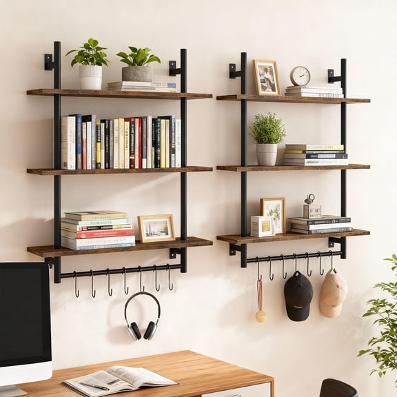 3 Tier Industrial Pipe Shelving, 31.5" Rustic Wall Mounted Floating Shelves with Towel Bar 8 Hooks