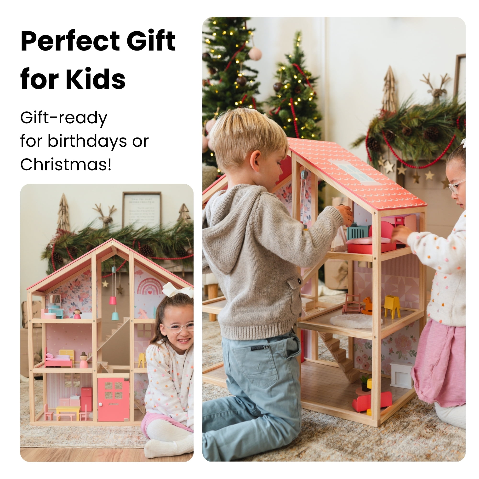 Tiny Land Wooden Dollhouse for Girls - 6 Rooms, 30pcs Furniture, DIY Pretend Play House, Gift for Ages 3+