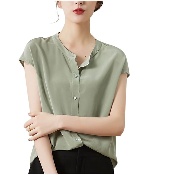 Mujeres de Verano Tops de Moda Casual Color Sólido V-Cuello Bolsillo Laminado Manga Corta Superior, Ligera Blusa Elegante