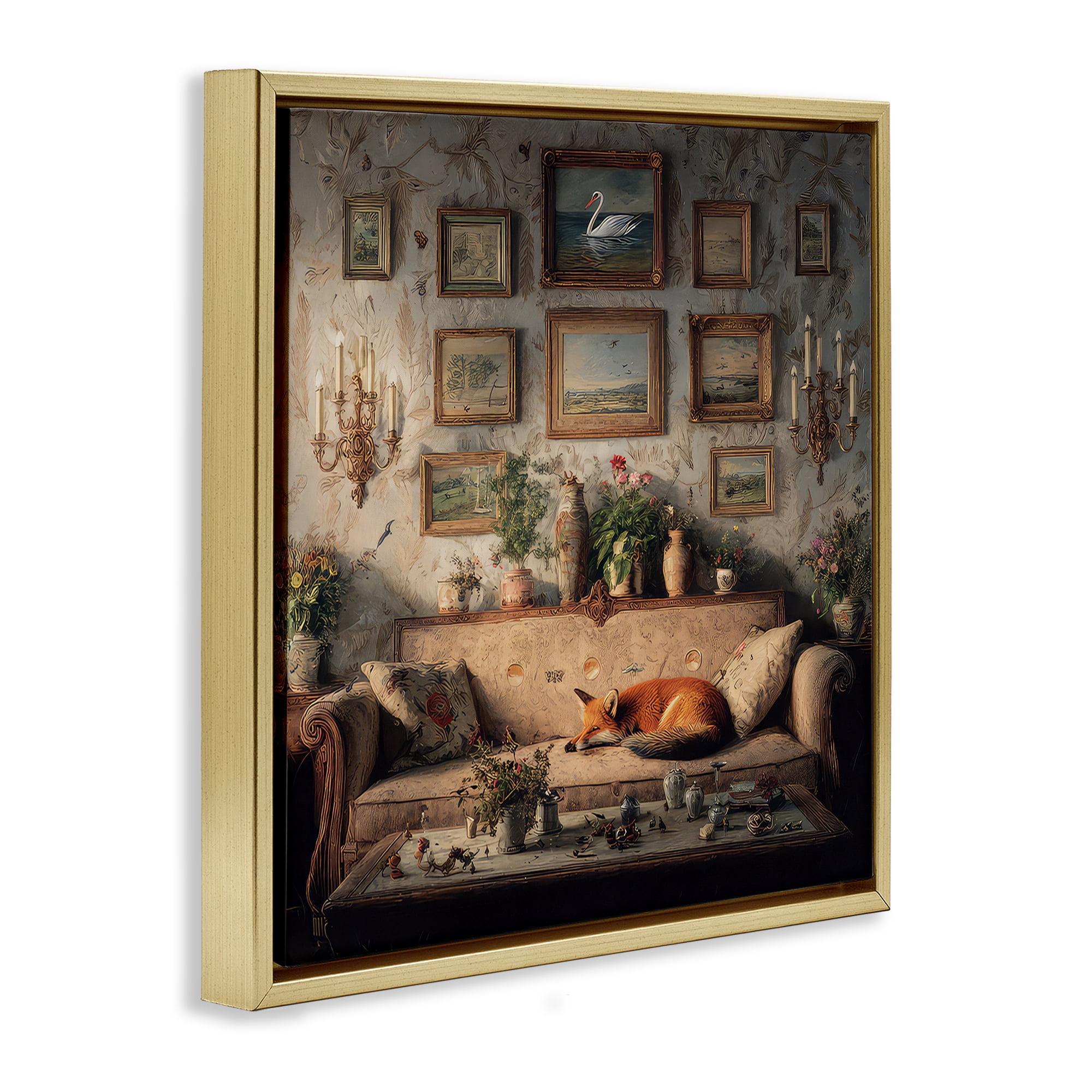 Stupell Industries Vintage Parlor with Fox Gold Framed Floater Canvas Wall Art, design by The Wands Want