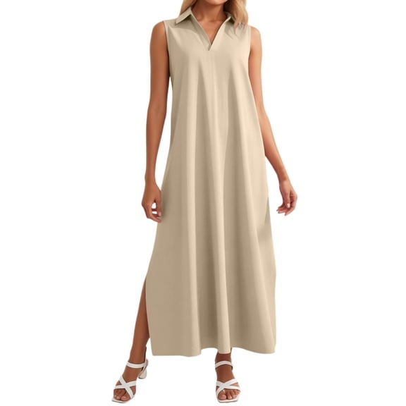 DHFJKG Summer Dresses For Women Beach Long Dress Sleeveless Turndown Collar Loose Fit Solid Color Flowy A-Line Side Slit Sundress Stylish Dresses