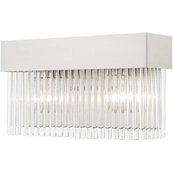 14 inch 2 Light Brushed Nickel Bathroom Vanity light fixture with Brushed Nickel Drum Shade with Clear Crystal Rods Shade