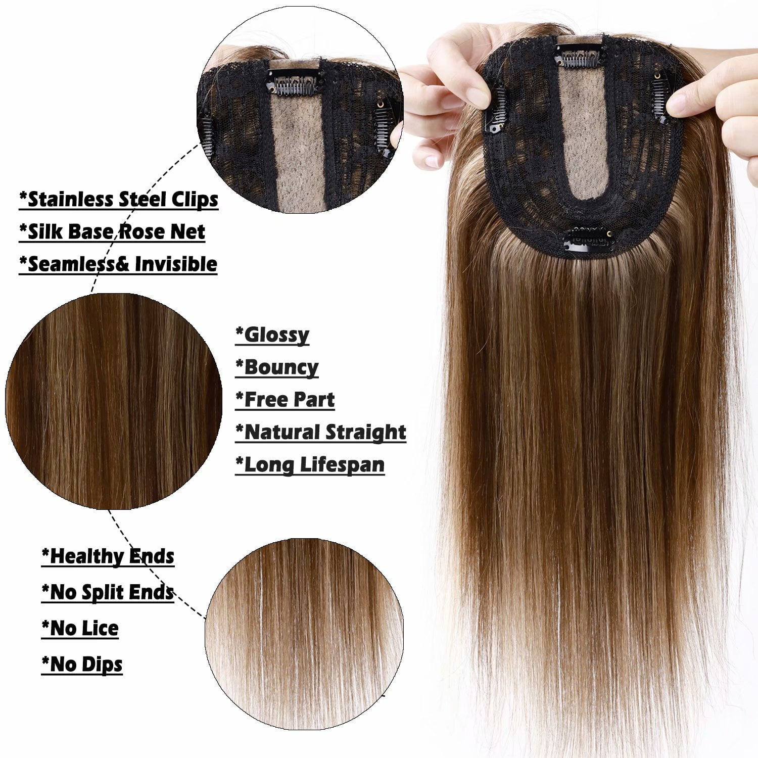 Benehair 100% Human Hair Extensions Clip In Topper Toupee Hairpiece Silk Base for Women Remy Hair 6"-14" Highlight Blonde US