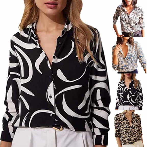 Blouses for Women Long Sleeve Lapel Collared Graphic Print Button Down Spring Shirts Dressy Casual Work Business Tops