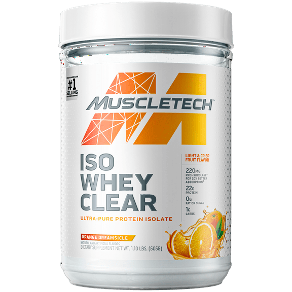 Muscletech Iso Whey Clear Ultra-Pure Protein Powder, 22g Protein, Orange Dreamsicle, 19 Servings
