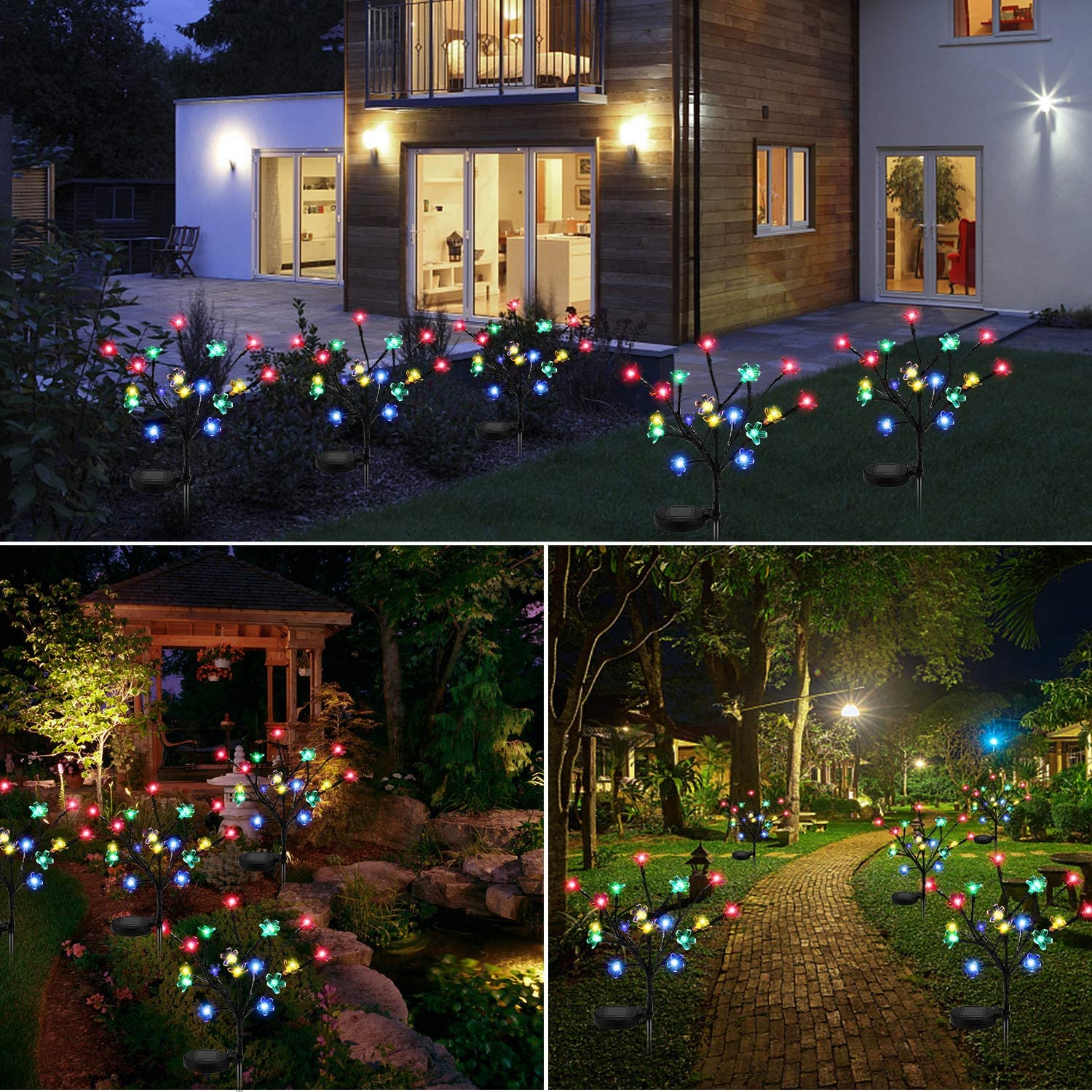 2 Pack Solar Fairy Lights Waterproof Multi-Color Solar Powered Garden Lights, Solar Flower Lights with 20 Cherry Blossom, Bigger Solar Panel for Pathway Patio Yard Christmas Decor - image 4 of 8