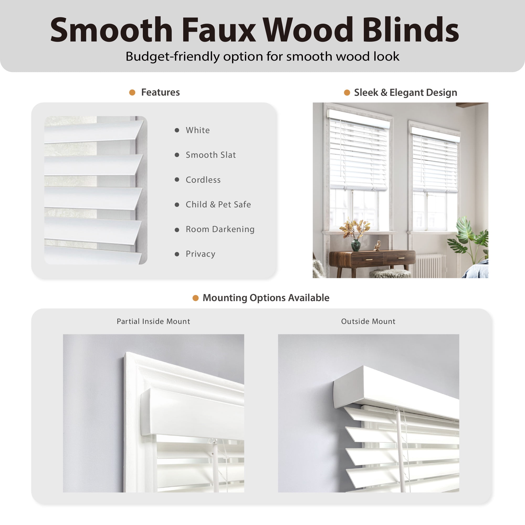 Regal Living Cordless 2-inch Room Darkening Faux Wood Blind, Smooth White, 30" x 60"