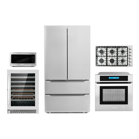 Cosmo 5 Piece Kitchen Package With 36  Gas Cooktop 30  Wall Mount Range Hood 24  Single Electric Wall Oven 24.4  Countertop Microwave & French Door Refrigerator