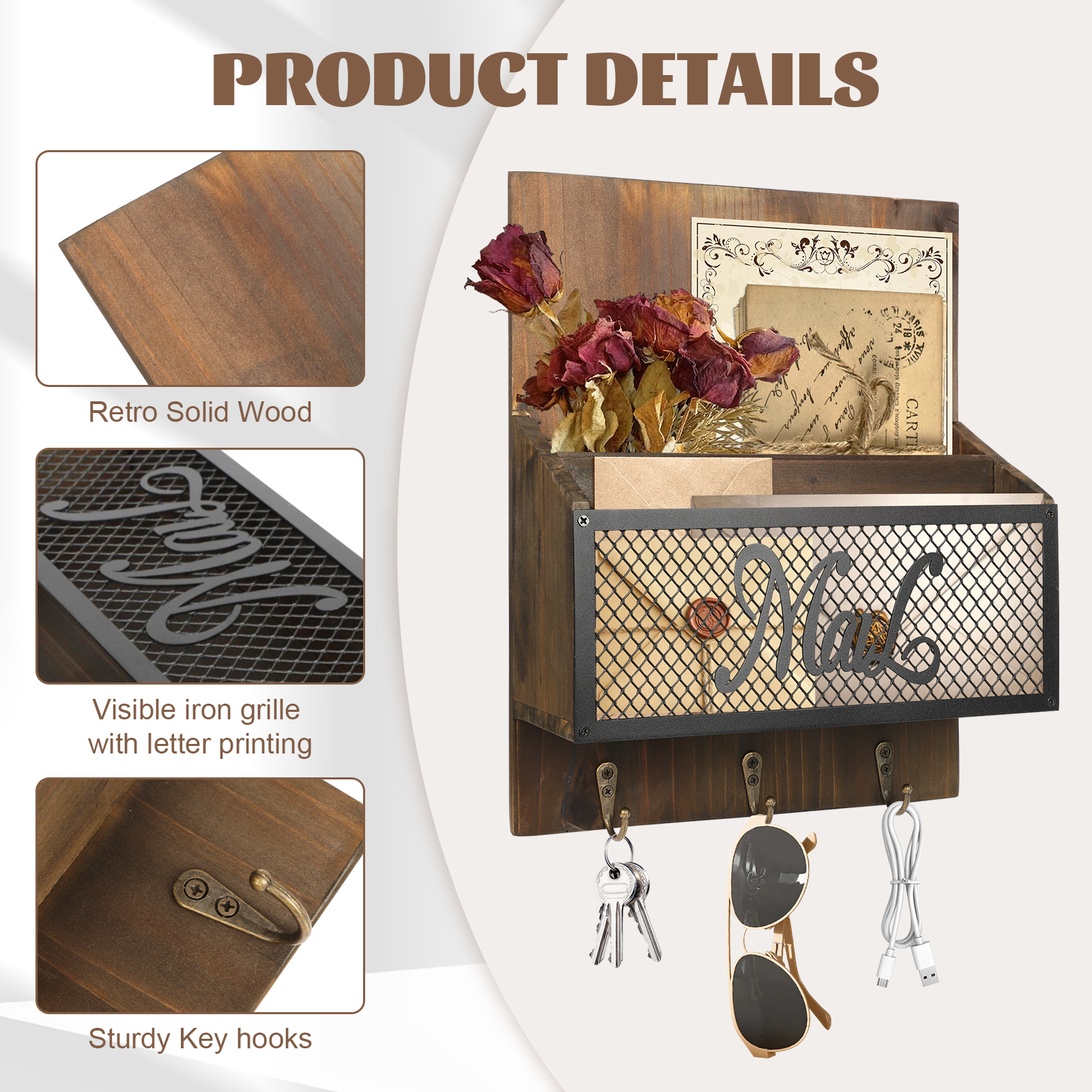 Dongyi Rustic Farmhouse Mail Organizer Wall Mounted - Wooden Mail Sorter with 3 Hooks for Letters, Keys & Magazines, Brown Entryway Decor with Newspaper Slot