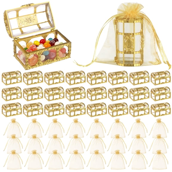 24 Pcs Golden Candy Boxes with Organza Bags, Treasure Chest Candy Boxes, Vintage Transparent Wedding Party Favor Box for Birthday, Christmas, Pirate Theme Celebration